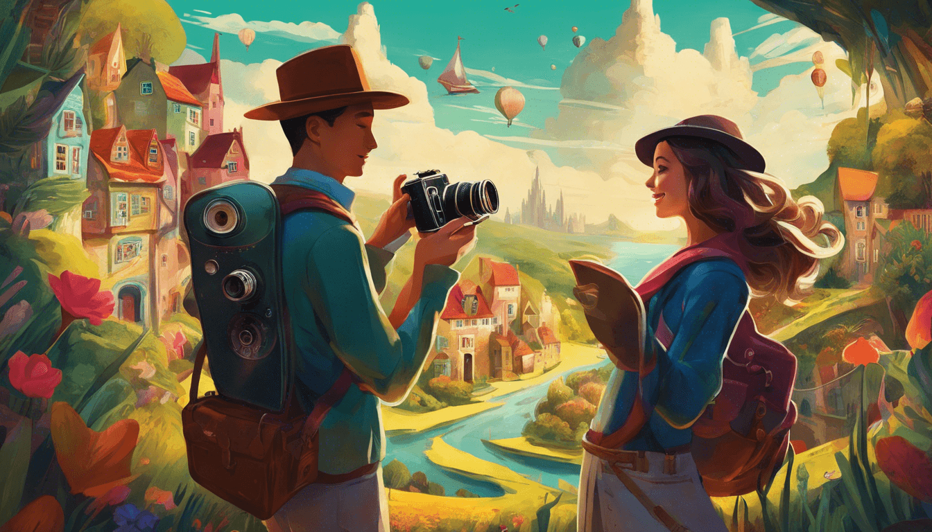 A young couple stands in a vibrant, whimsical landscape, with colorful houses and a winding river; one is taking a photo while the other smiles.