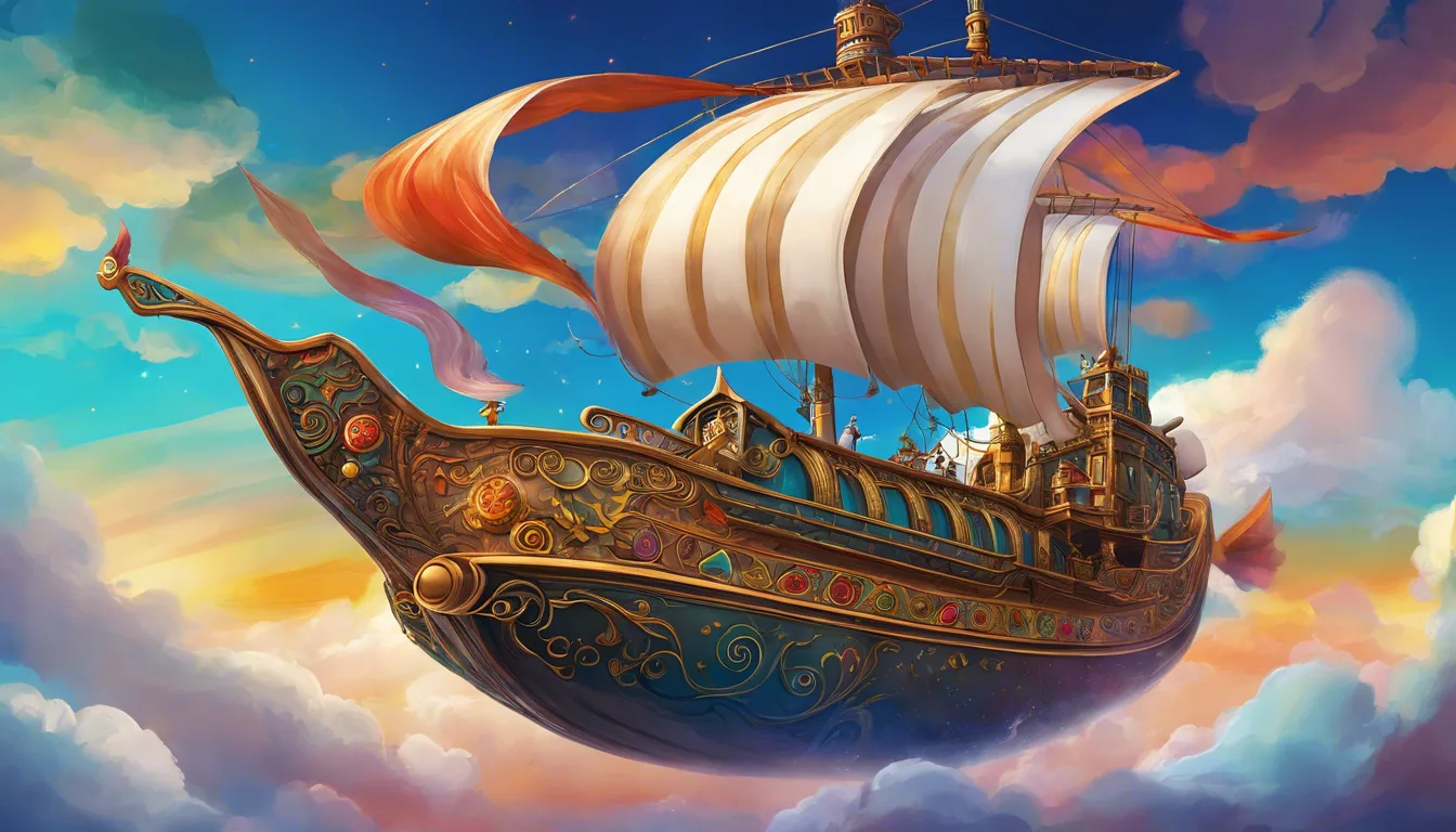 A beautifully detailed flying ship with ornate designs and billowing sails, gliding through a colorful sky filled with clouds.