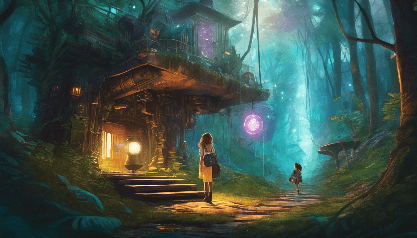 A mystical forest scene featuring two children standing in front of a whimsical treehouse, illuminated by glowing orbs and surrounded by lush greenery.