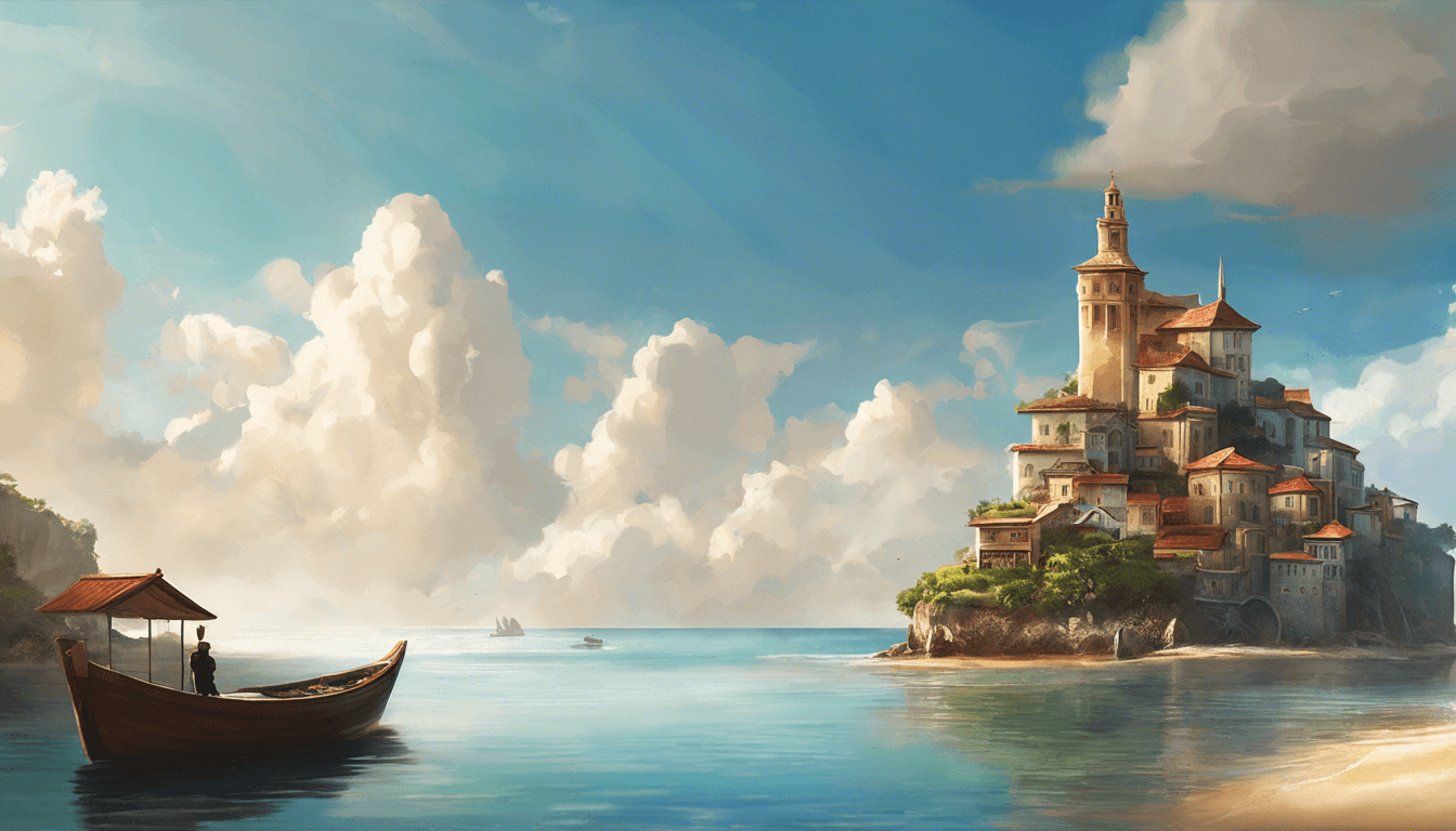 A serene coastal scene featuring a small boat in the foreground and a picturesque village with towering buildings and lush greenery on a sunny beach.