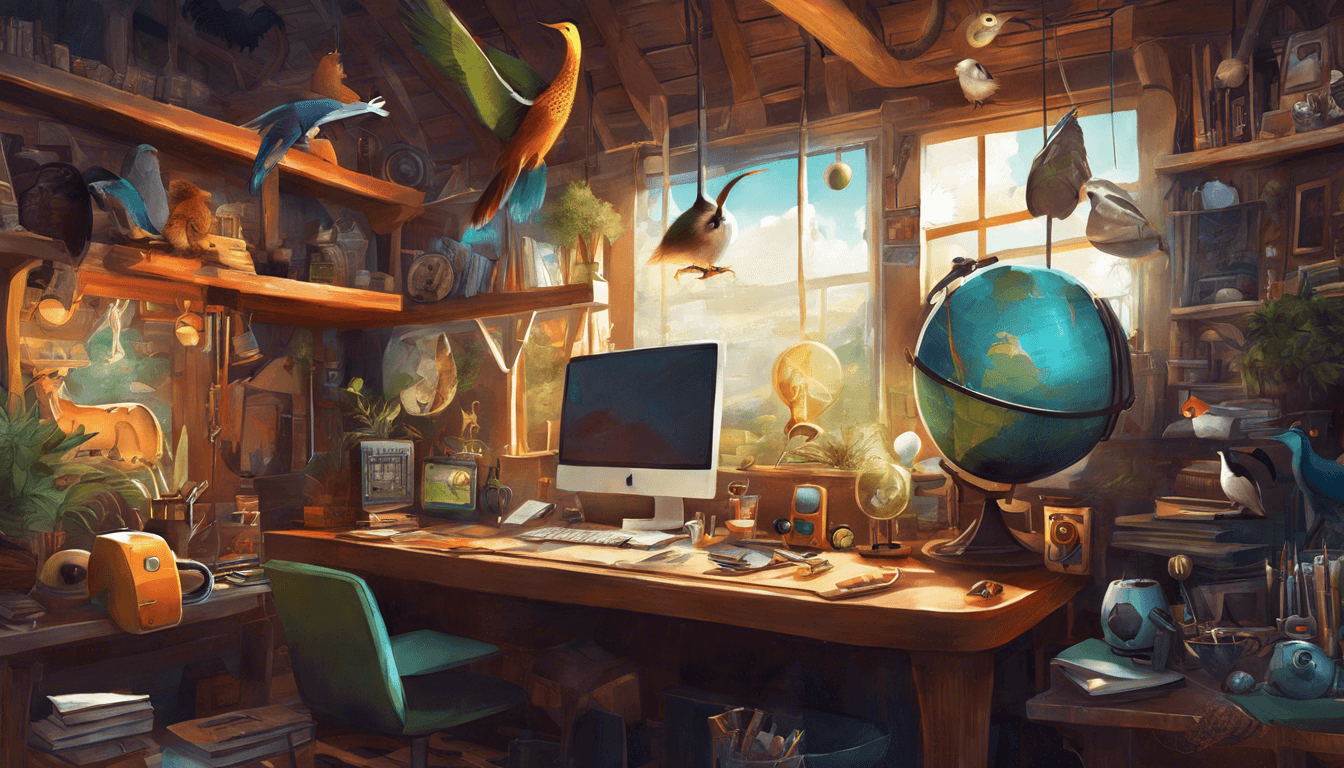 Cozy, artistic workspace featuring a desktop computer, a globe, and colorful birds flying in a sunlit, cluttered room filled with plants and curiosities.