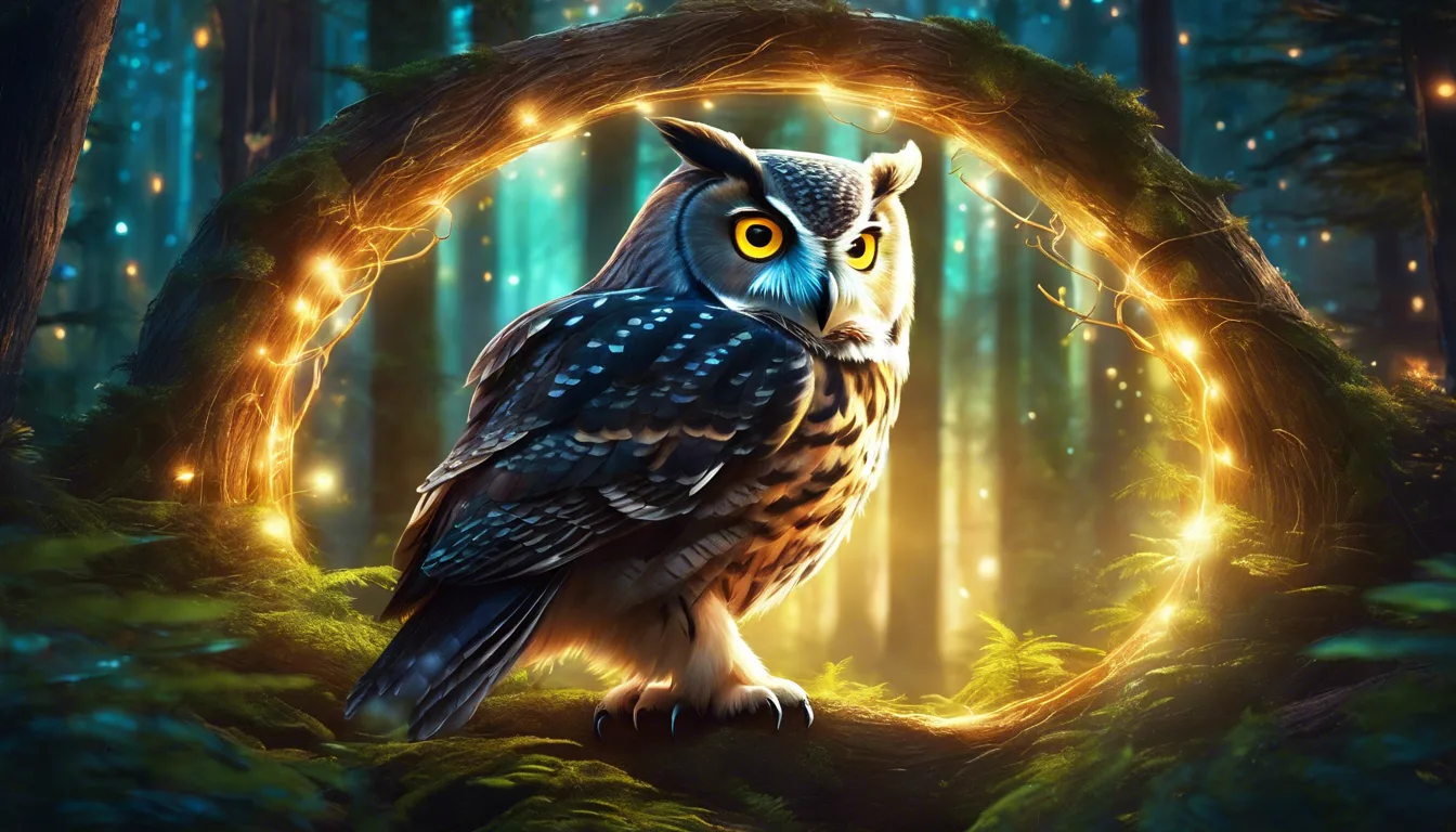 A majestic owl with bright yellow eyes, perched in a mystical forest setting, surrounded by glowing orbs of light and towering trees.