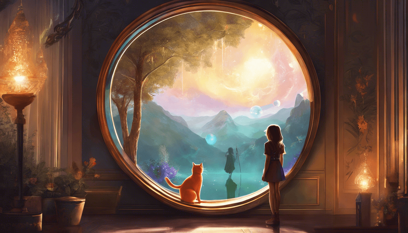 A girl and a cat gaze into a magical mirror, revealing a fantastical world.