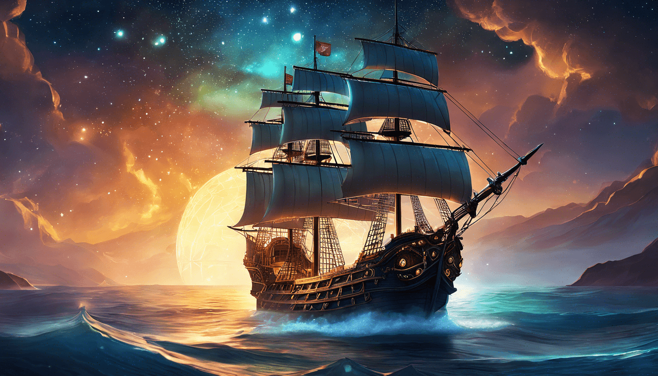 A majestic sailing ship with billowing sails navigates through shimmering waters under a vibrant sunset and starry sky.