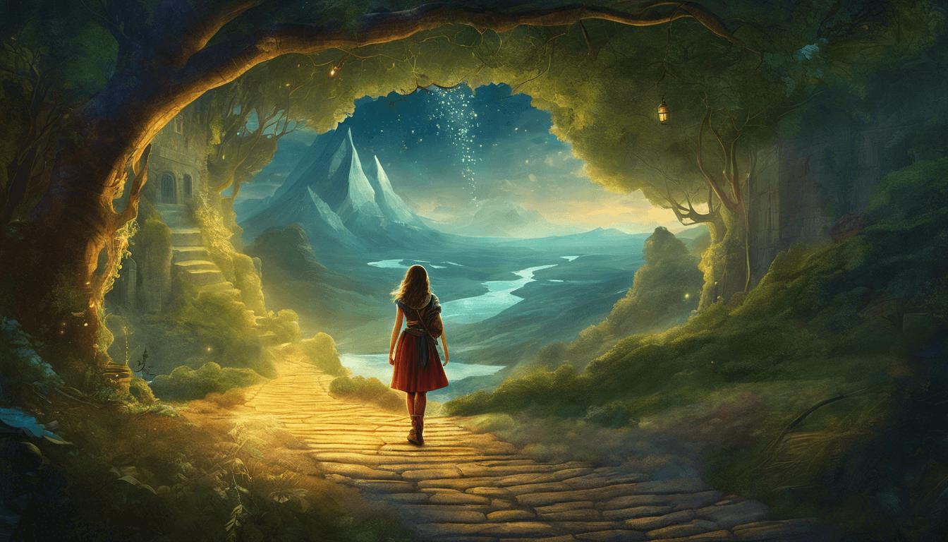 A girl in a red cloak stands on a stone path, gazing through a magical forest archway at a breathtaking landscape with mountains and a shimmering river under a starry sky.