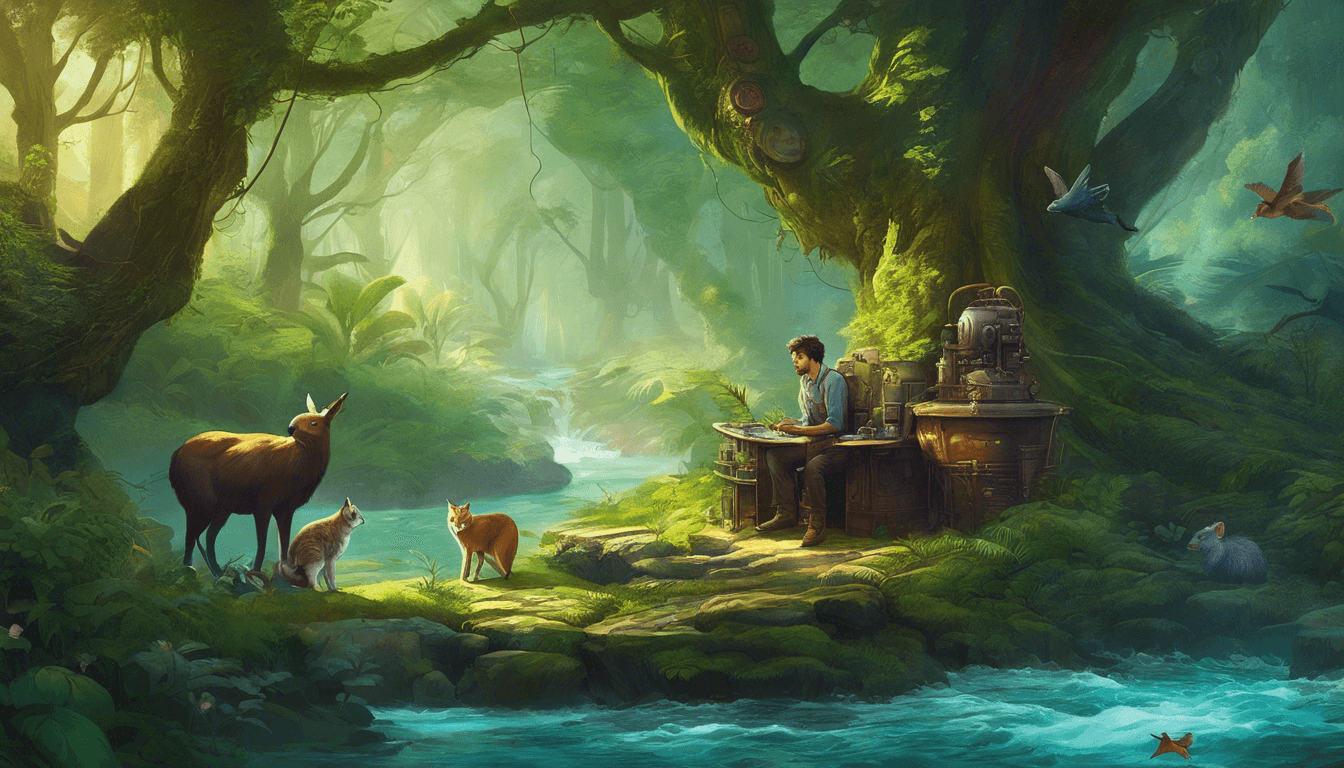 A young man sits at a rustic desk by a serene river in a lush, verdant forest, surrounded by curious animals.