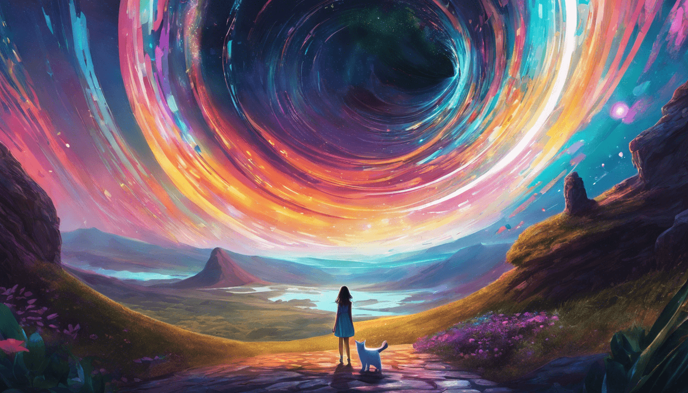 A girl and her dog stand on a colorful path, gazing up at a swirling cosmic vortex of vibrant colors in a serene landscape.