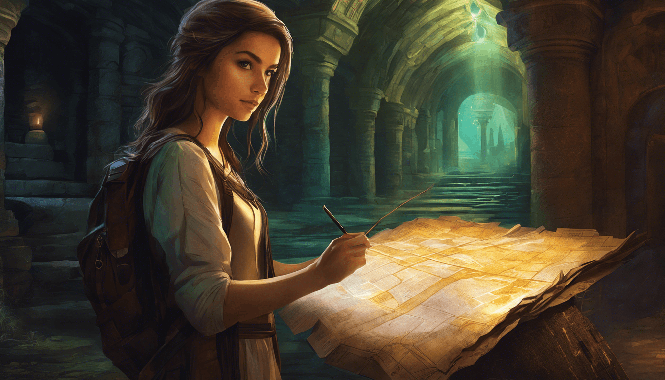 A girl with a map at the entrance of a glowing underground city with ancient artifacts.