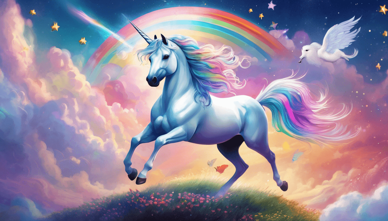 A magical unicorn with a rainbow mane gallops across a colorful sky filled with clouds, stars, and a flying dove.