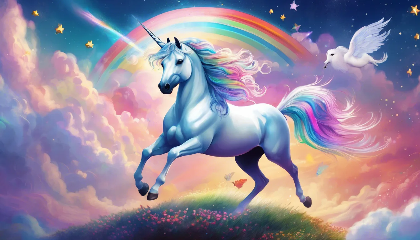 A magical unicorn with a rainbow mane gallops across a colorful sky filled with clouds, stars, and a flying dove.