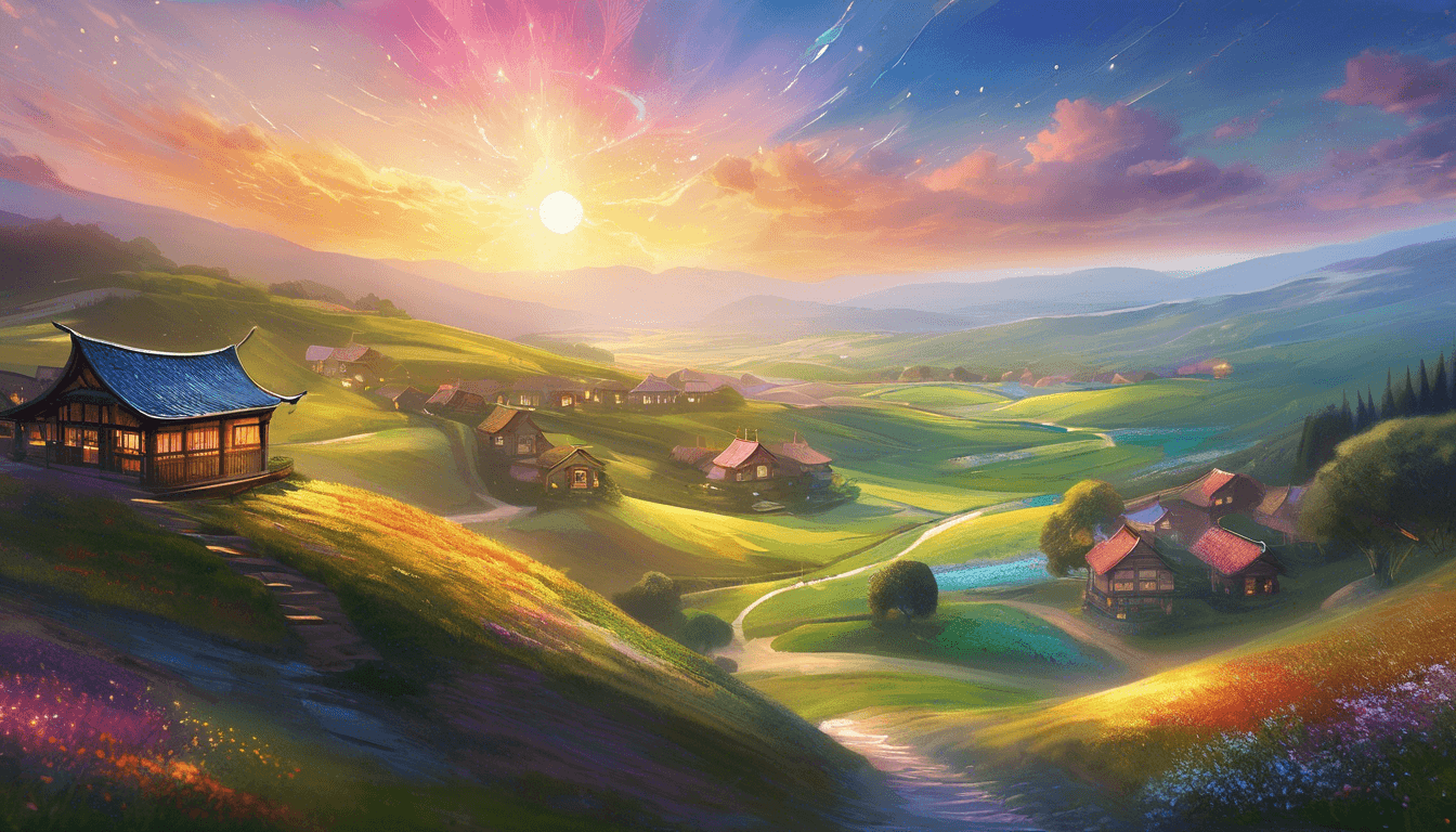 A vibrant landscape at sunrise, featuring rolling hills, blooming flowers, and quaint cottages nestled along a winding path.