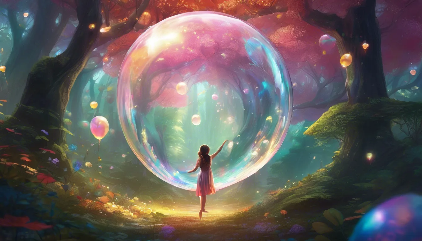 A girl in a pink dress stands amidst a vibrant forest, reaching towards a large, luminous bubble surrounded by smaller orbs, with colorful flowers and ethereal lighting creating a magical atmosphere.