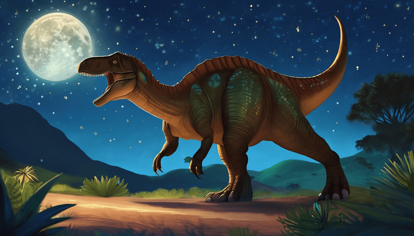 A colorful cartoon dinosaur roaring under a full moon in a starry night sky, surrounded by lush greenery and rolling hills.