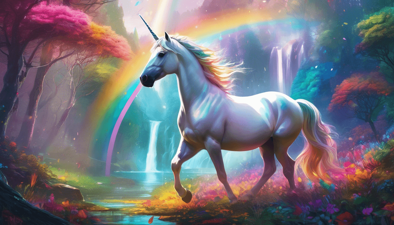 A majestic unicorn with a shimmering mane gallops through a vibrant forest, surrounded by colorful flowers, waterfalls, and a rainbow in the background.