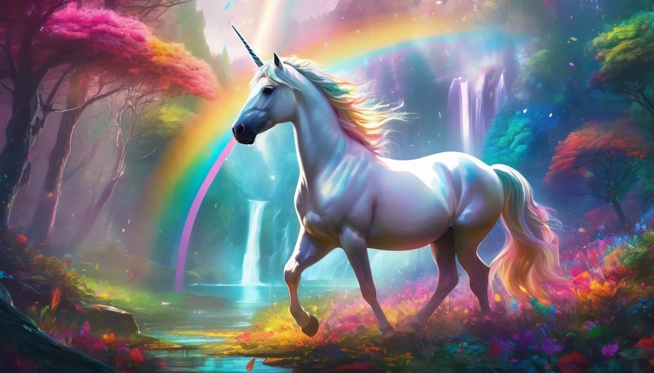 A majestic unicorn with a shimmering mane gallops through a vibrant forest, surrounded by colorful flowers, waterfalls, and a rainbow in the background.