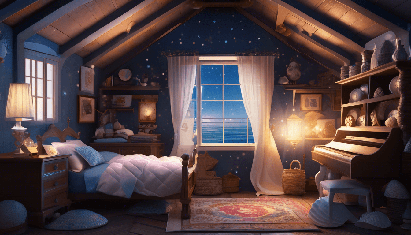 Cozy attic bedroom with a bed, a piano, and warm lighting, featuring starry walls and a large window overlooking a serene night sky.