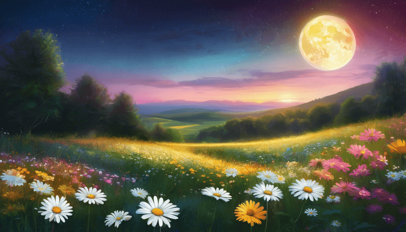 A vibrant meadow filled with colorful flowers under a full moon and a twilight sky.