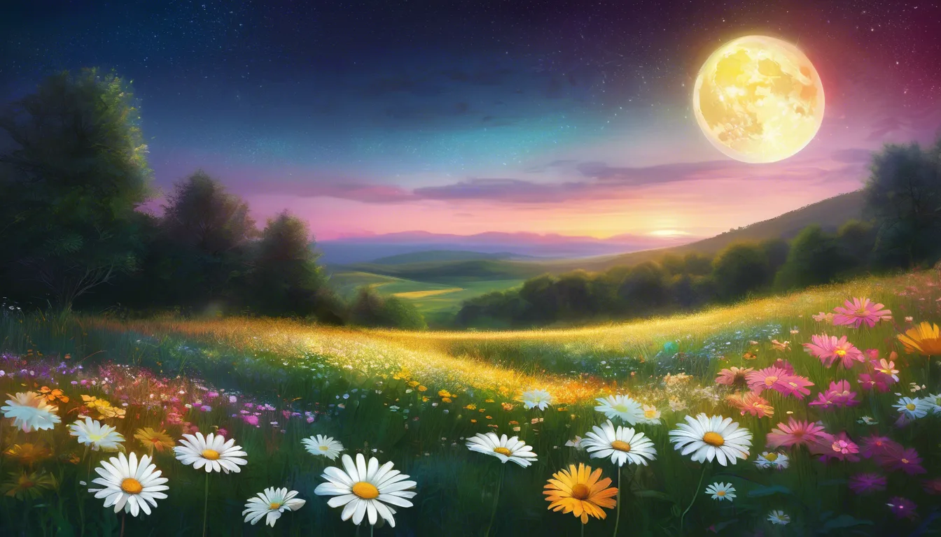 A vibrant meadow filled with colorful flowers under a full moon and a twilight sky.