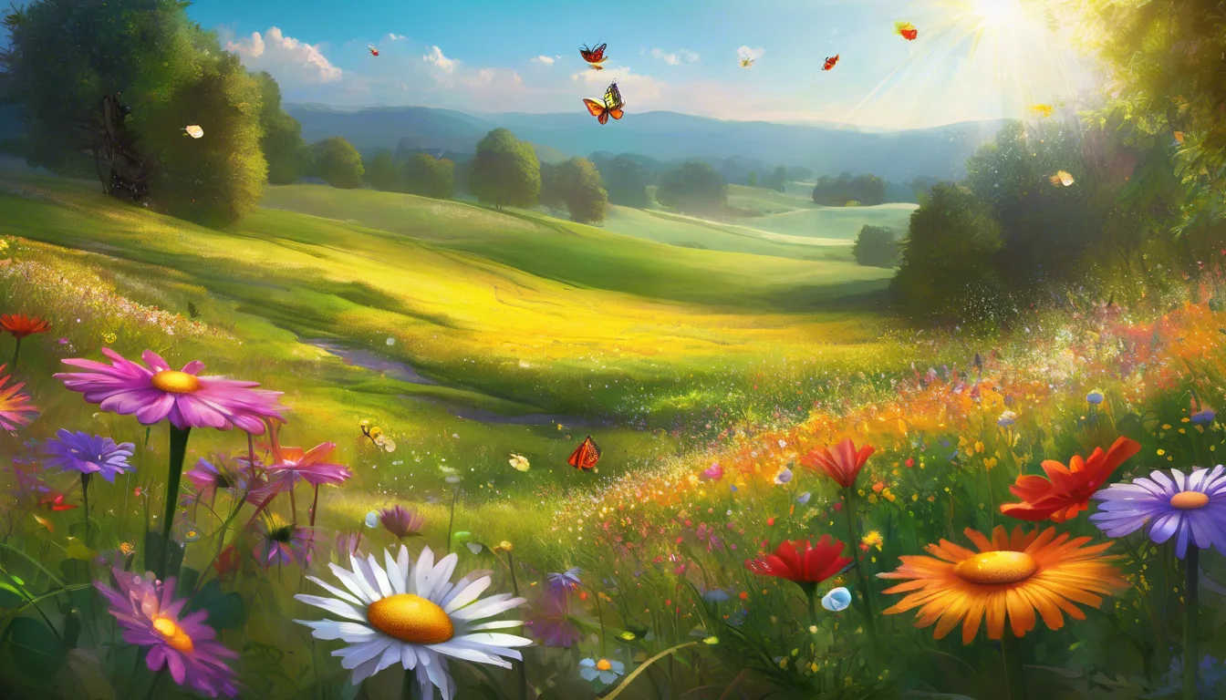 A vibrant meadow filled with colorful flowers under a bright blue sky, with butterflies fluttering among the blooms.