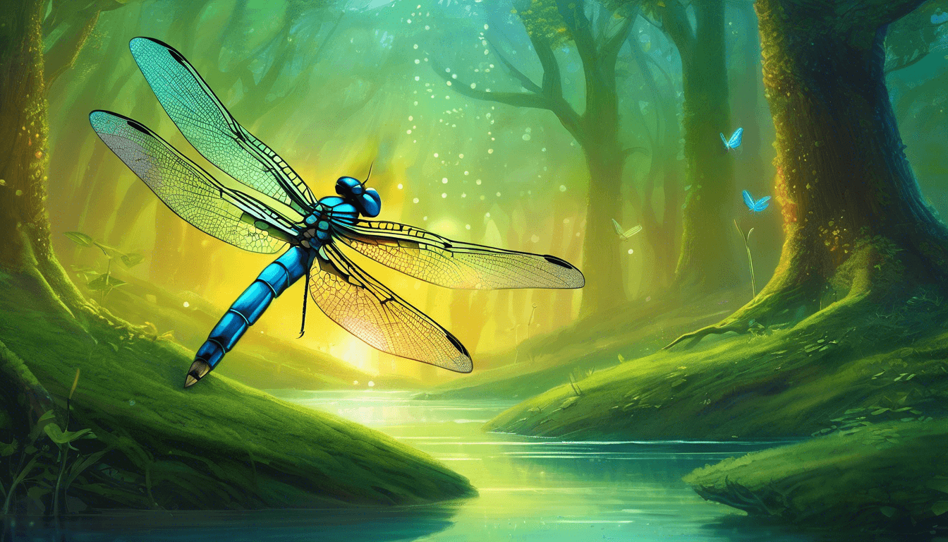 A vibrant blue dragonfly hovering over a serene stream, surrounded by lush greenery and soft sunlight filtering through a mystical forest.