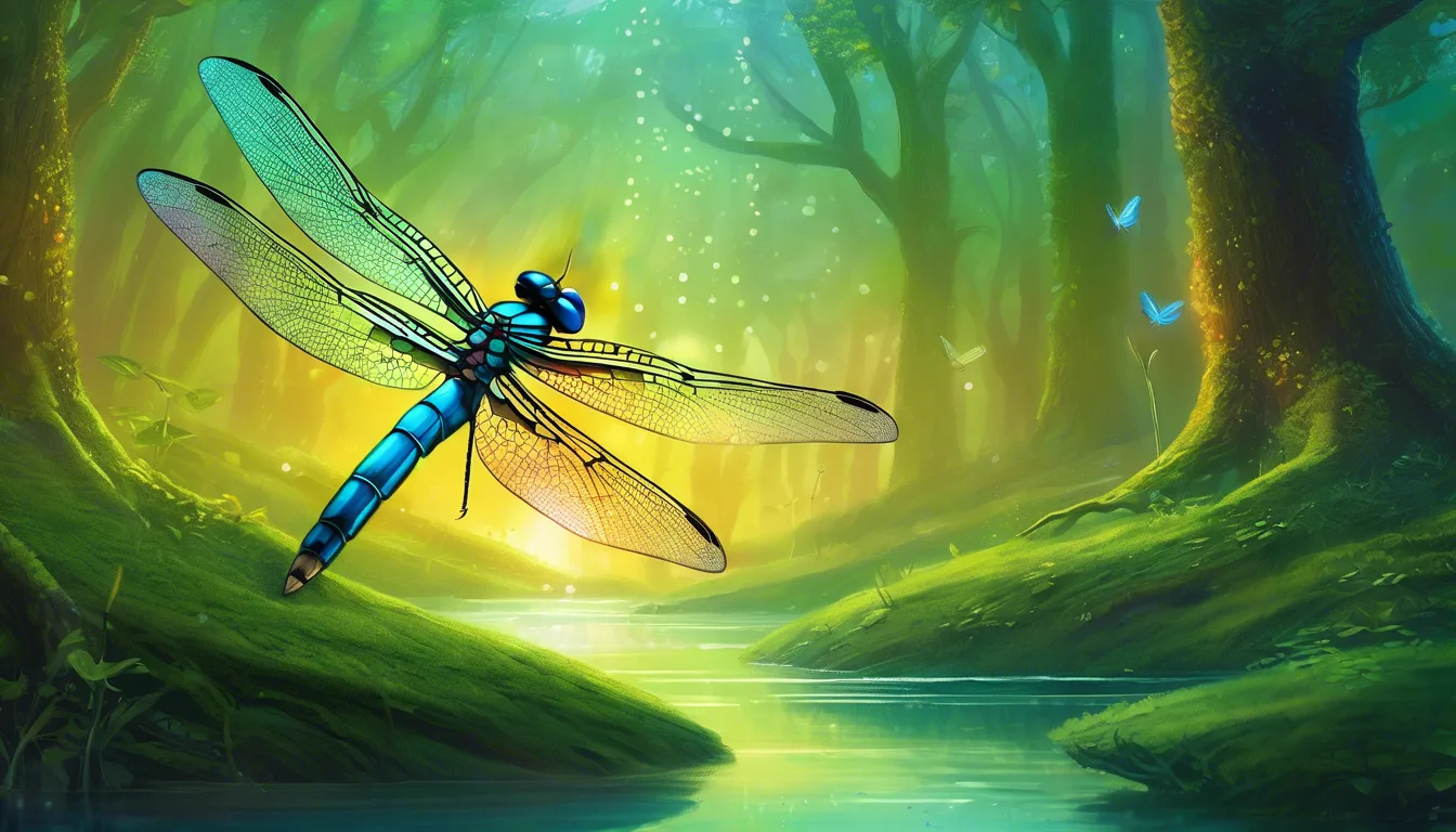 A vibrant blue dragonfly hovering over a serene stream, surrounded by lush greenery and soft sunlight filtering through a mystical forest.