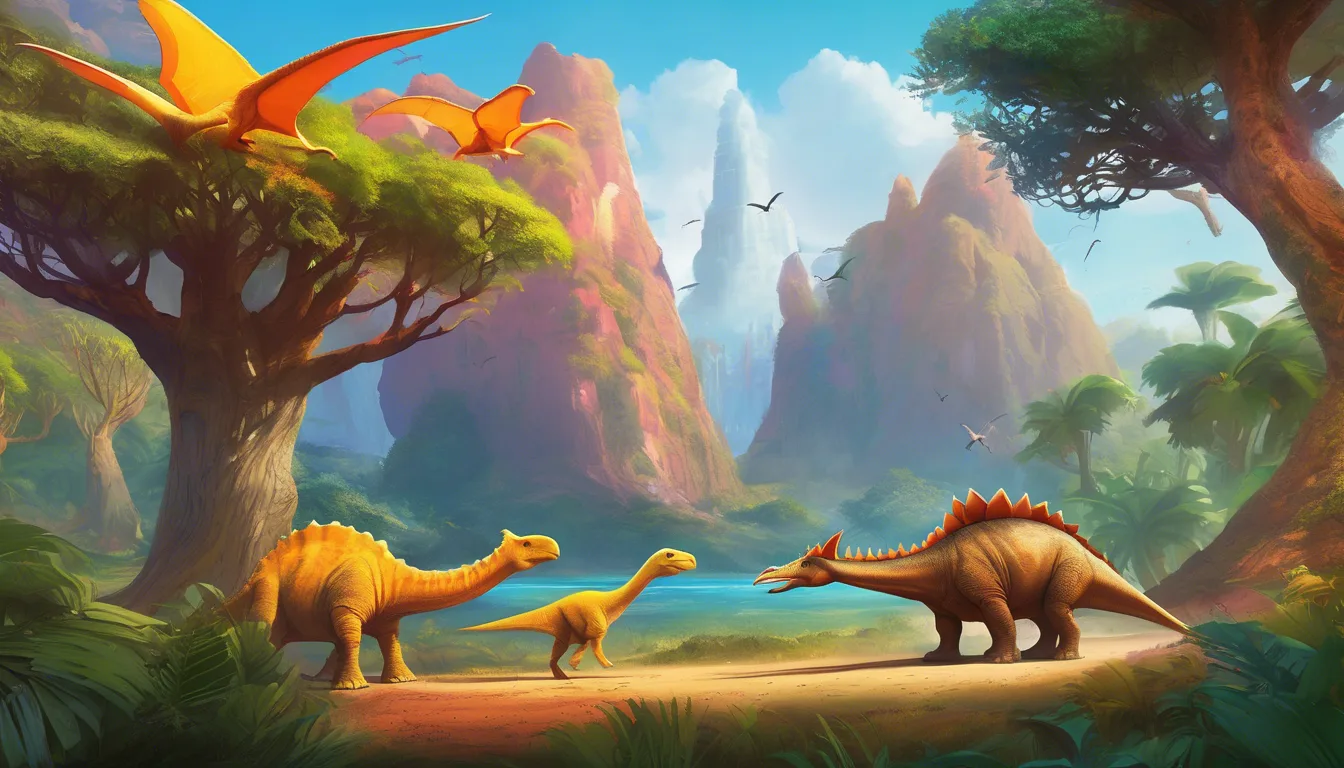 A serene prehistoric landscape featuring three dinosaurs by a lake, surrounded by lush vegetation and distant mountains under a bright blue sky.