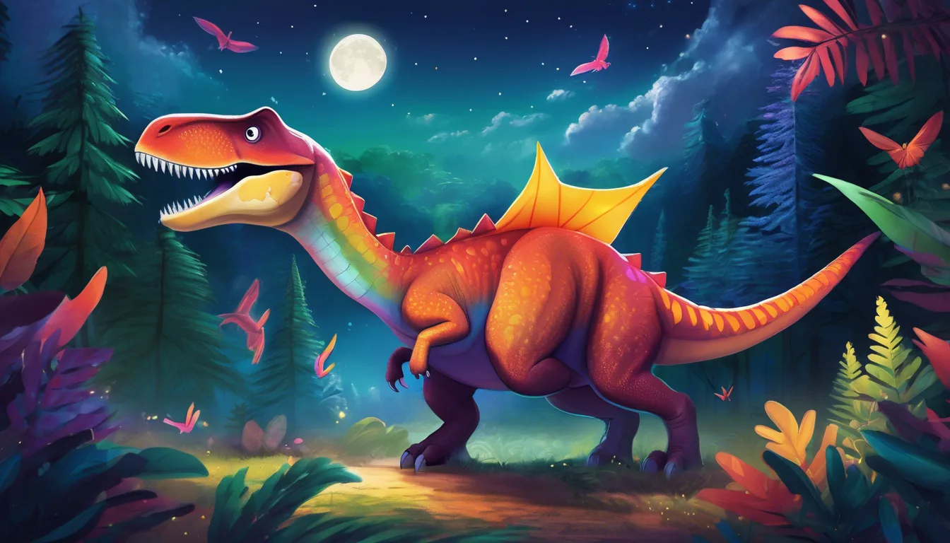 A colorful, cartoon-style dinosaur in a dense forest under a full moon, surrounded by vibrant plants and flying birds.