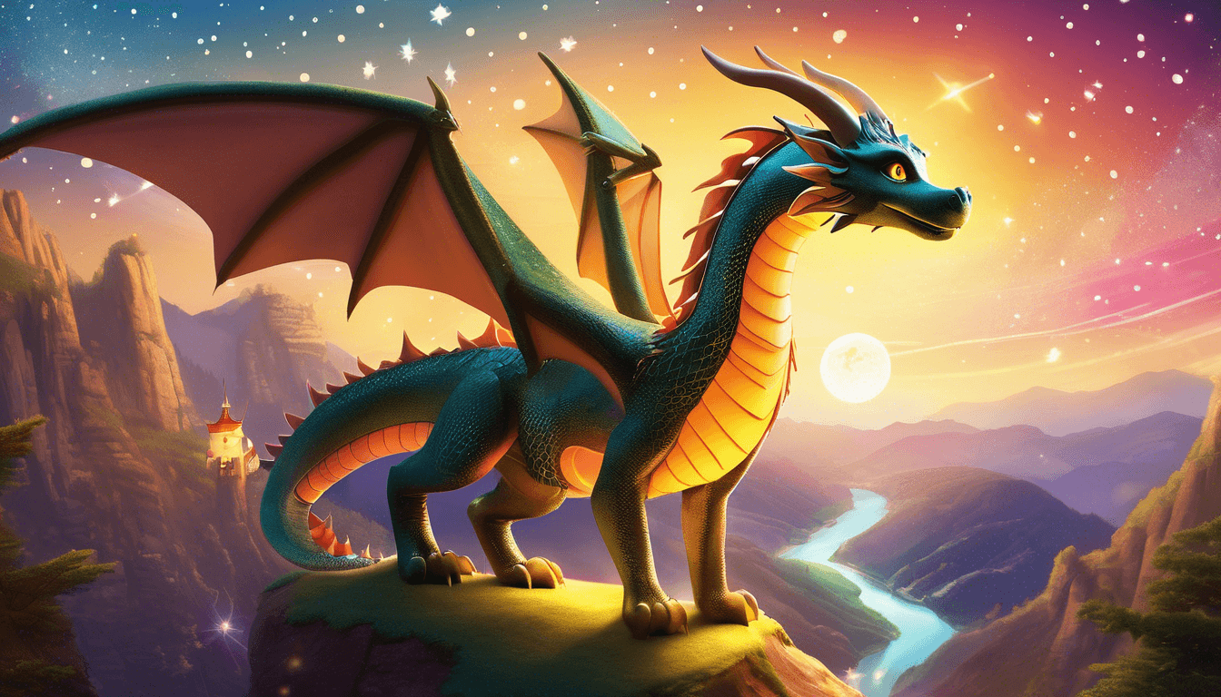 A colorful dragon with green scales and red accents stands majestically on a cliff, overlooking a shimmering river under a starry night sky.