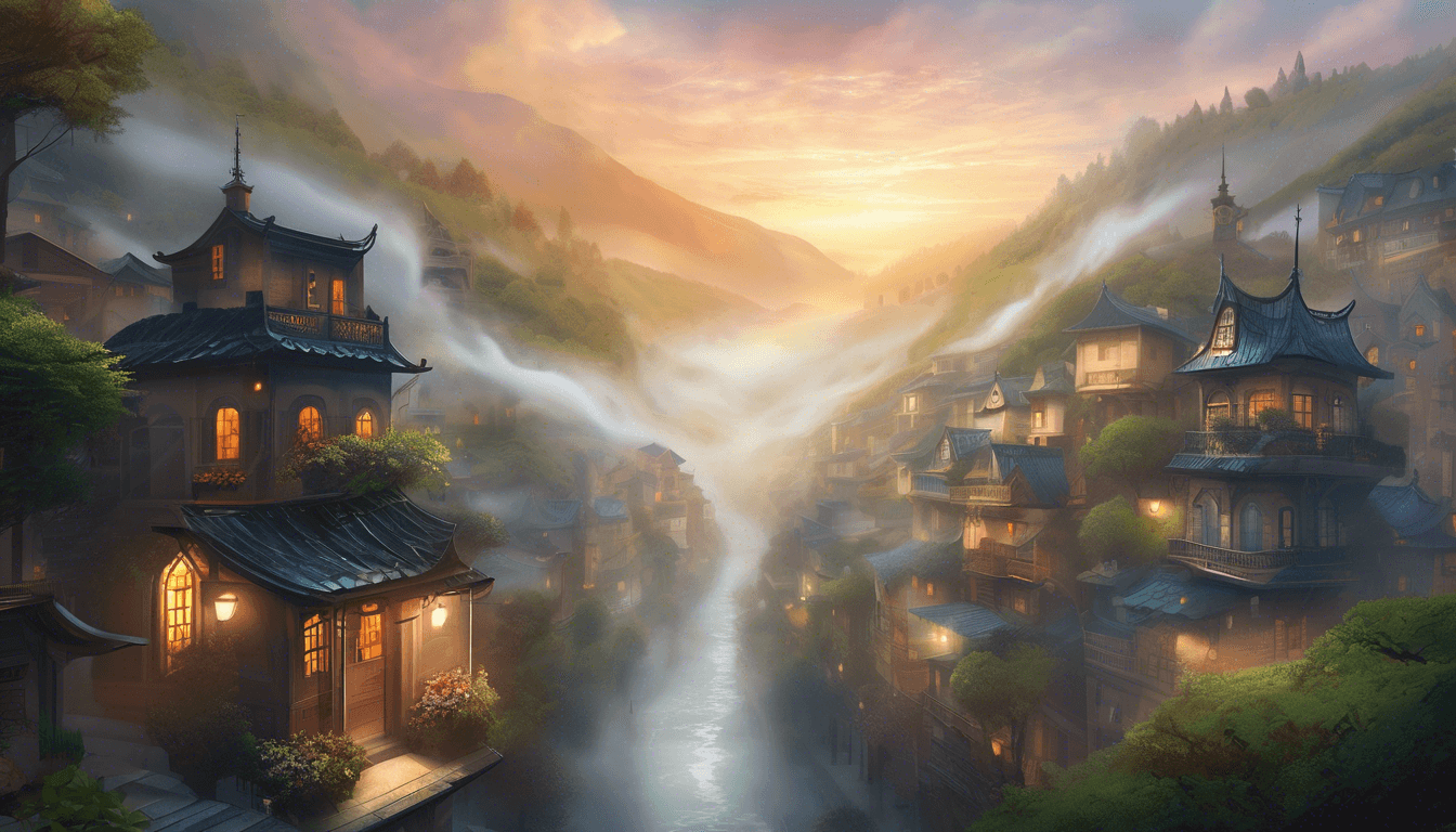 Serene landscape depicting a mountainous village at sunset, with traditional buildings illuminated by warm light and mist rising from a flowing river.