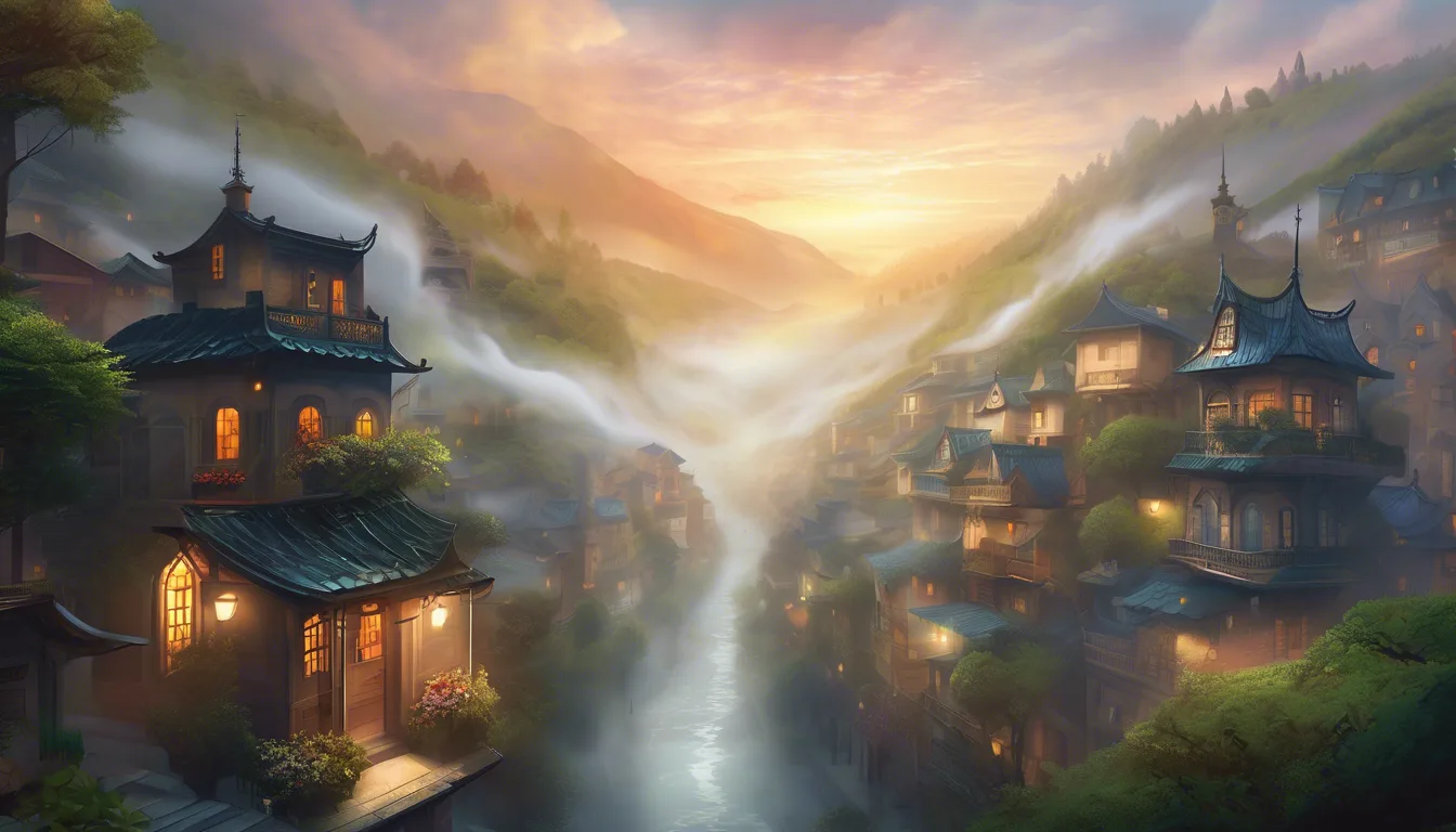 Serene landscape depicting a mountainous village at sunset, with traditional buildings illuminated by warm light and mist rising from a flowing river.