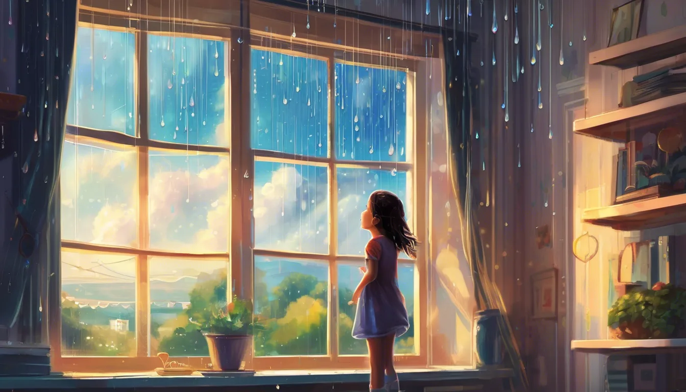 A young girl stands by a window, gazing at a rainy landscape, with soft light streaming through the glass and a potted plant nearby.