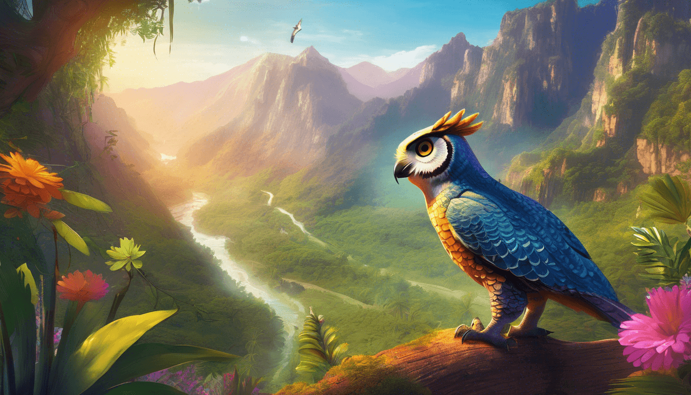 A colorful, fantastical bird perched on a rock overlooking a lush valley, with a river winding through mountains in the background and vibrant flowers in the foreground.