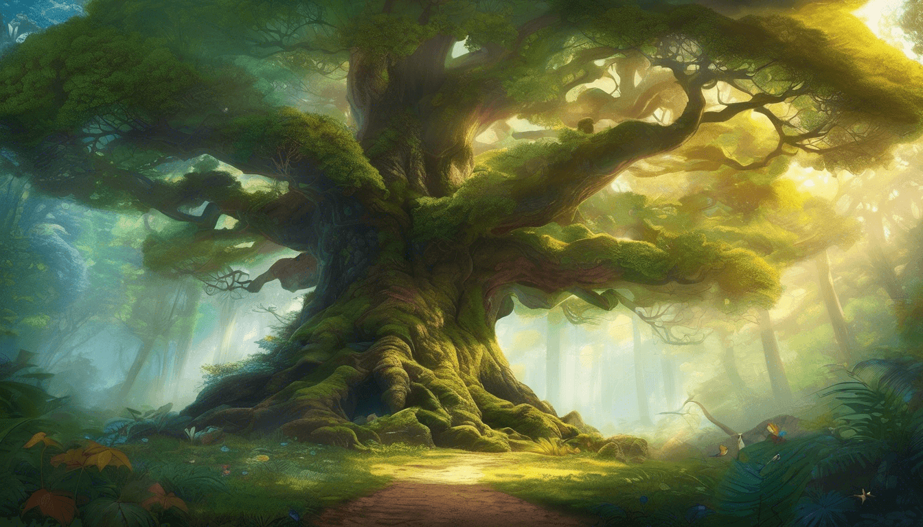 Alt tag: "A majestic, ancient tree with sprawling branches and lush green foliage, illuminated by soft sunlight in a serene forest setting."