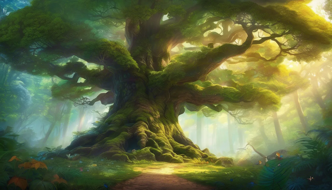 Alt tag: "A majestic, ancient tree with sprawling branches and lush green foliage, illuminated by soft sunlight in a serene forest setting."