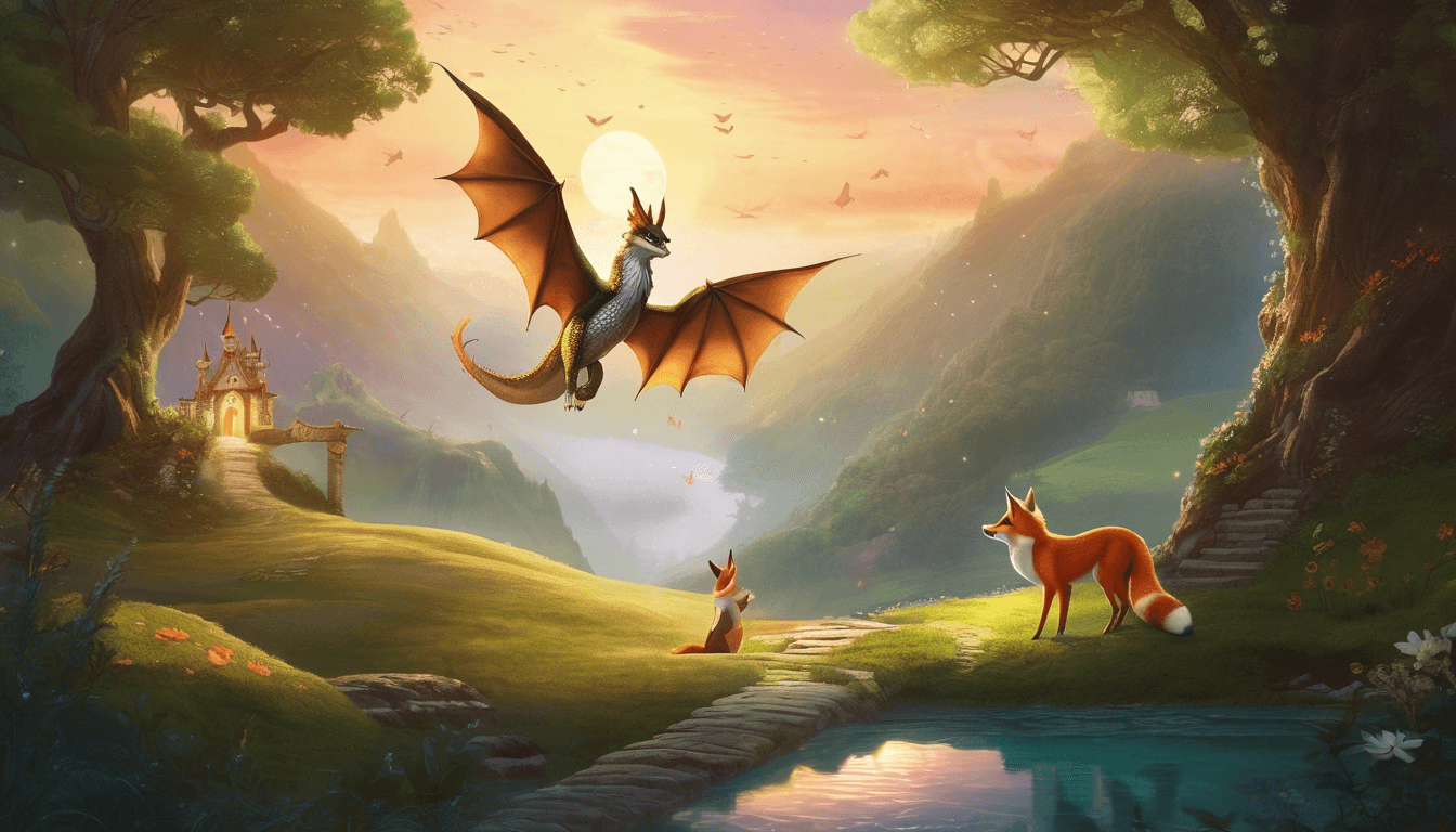 A whimsical fantasy landscape featuring a dragon soaring in the sky above two foxes by a serene stream, with lush greenery and a quaint cottage in the background at sunset.