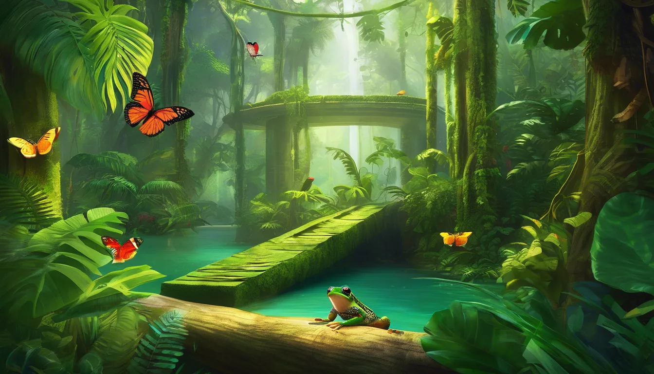 A vibrant jungle scene featuring lush greenery, a tranquil blue stream, vibrant butterflies, and a tree frog resting on a log near a moss-covered bridge.