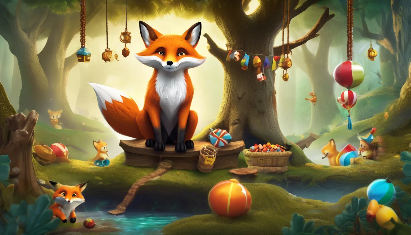 A vibrant illustration of a fox sitting on a wooden platform in a whimsical forest, surrounded by playful fox cubs, colorful balls, and hanging decorations.