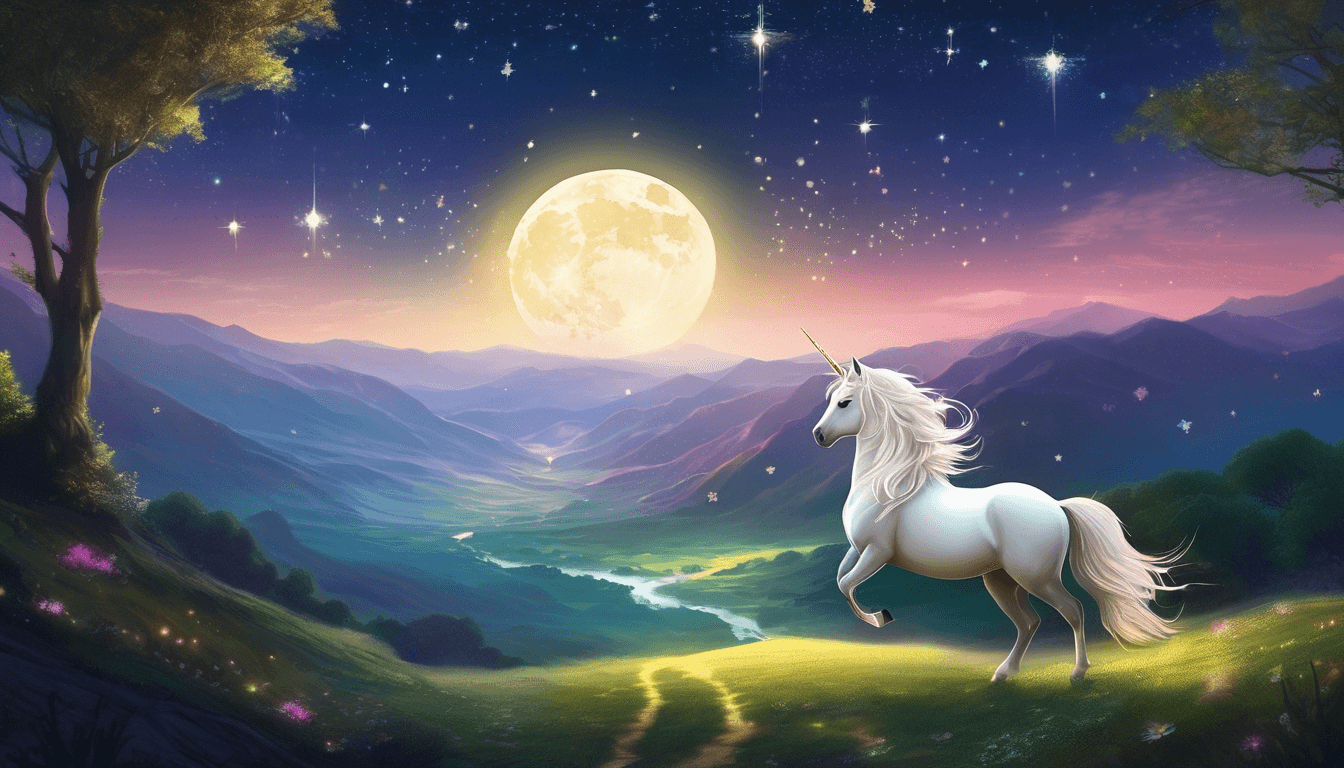 A majestic white unicorn stands in a serene valley under a bright full moon, surrounded by twinkling stars and lush greenery.