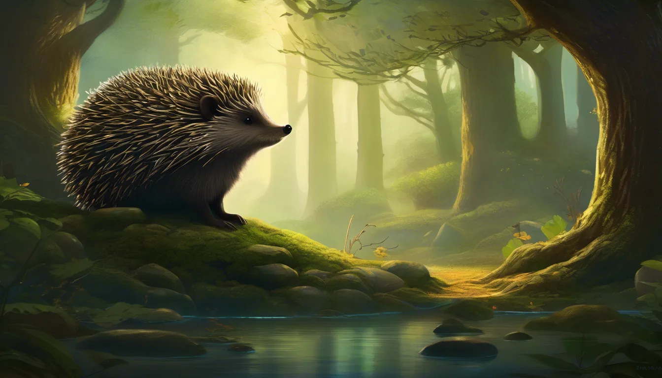 A hedgehog sits on a mossy rock beside a serene forest stream, surrounded by lush greenery and soft, dappled sunlight.
