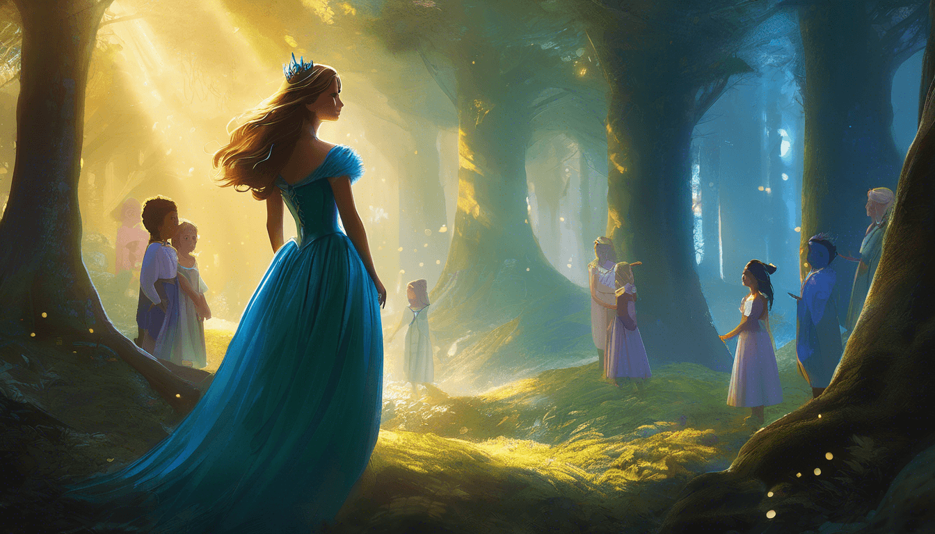 A princess in a flowing blue gown stands in a sunlit forest, surrounded by enchanted forest spirits and soft, glowing light.
