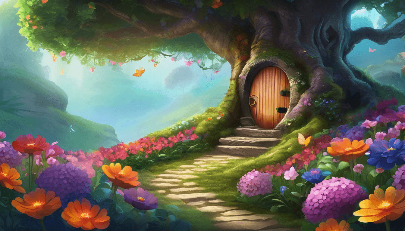A whimsical scene featuring a large, enchanting tree with a circular wooden door, surrounded by vibrant flowers and a paved path, illuminated by soft sunlight and fluttering butterflies.