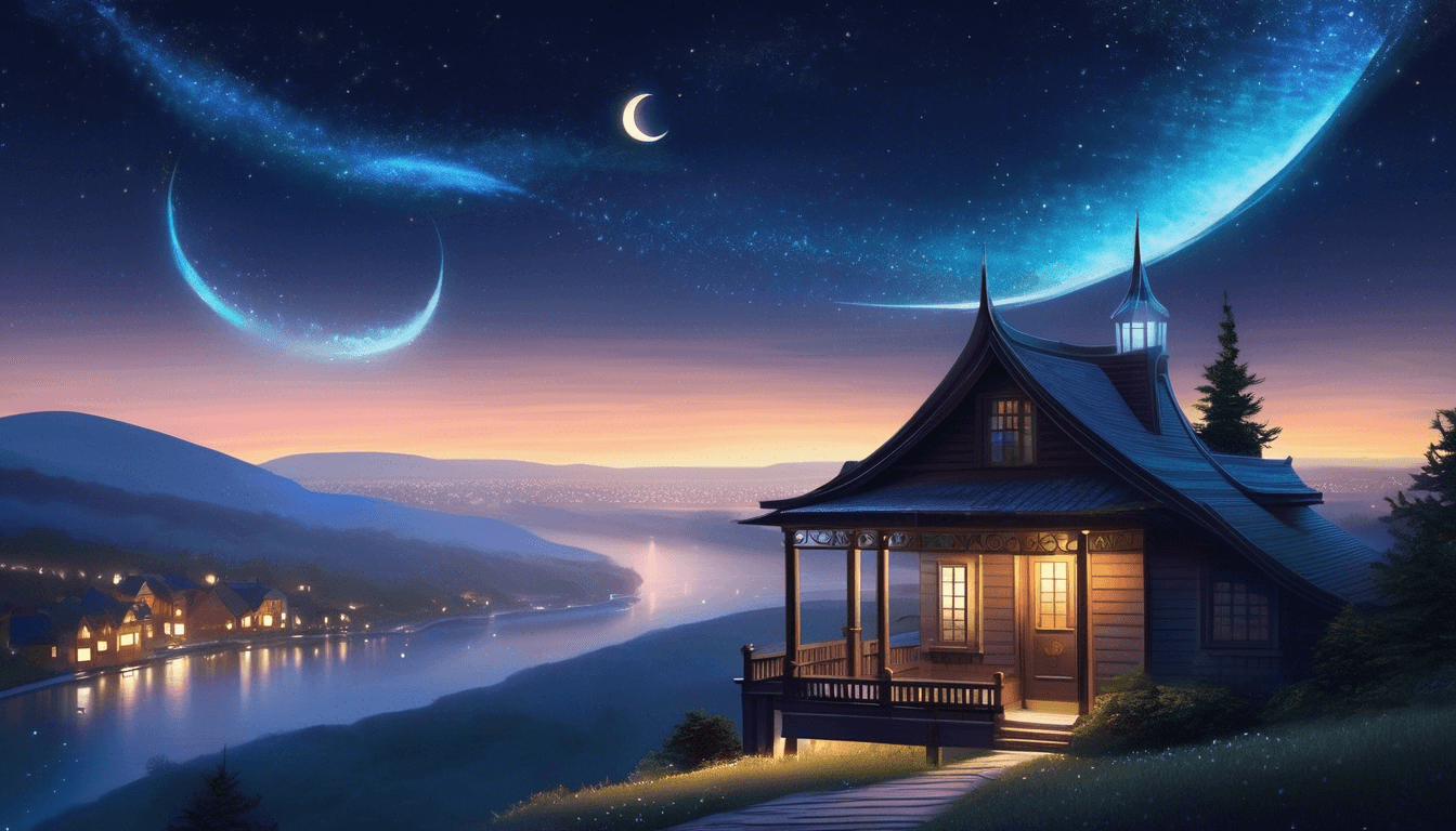 A serene night scene featuring a cozy wooden house by a river, illuminated warmly from within, under a starry sky with crescent moons and distant planets.