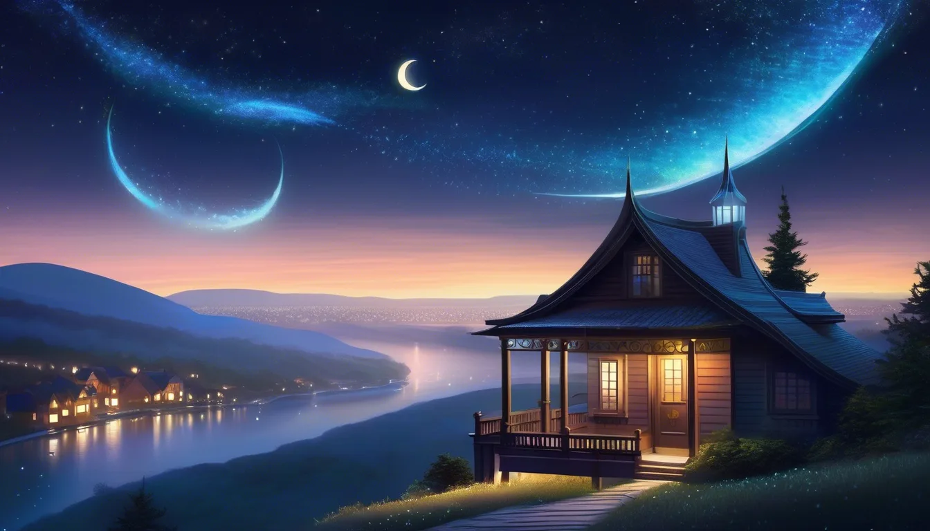 A serene night scene featuring a cozy wooden house by a river, illuminated warmly from within, under a starry sky with crescent moons and distant planets.