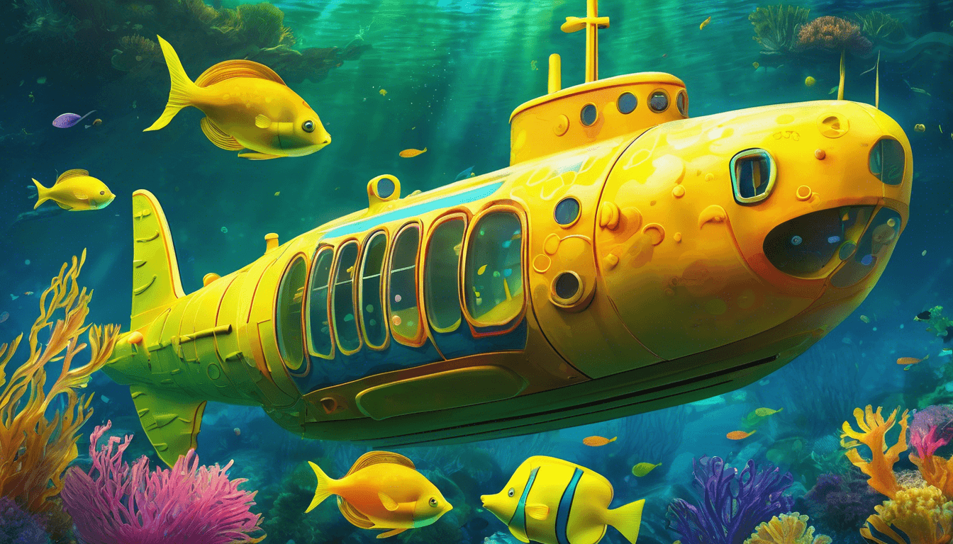 A colorful yellow submarine swims through an underwater scene filled with vibrant coral and friendly fish.