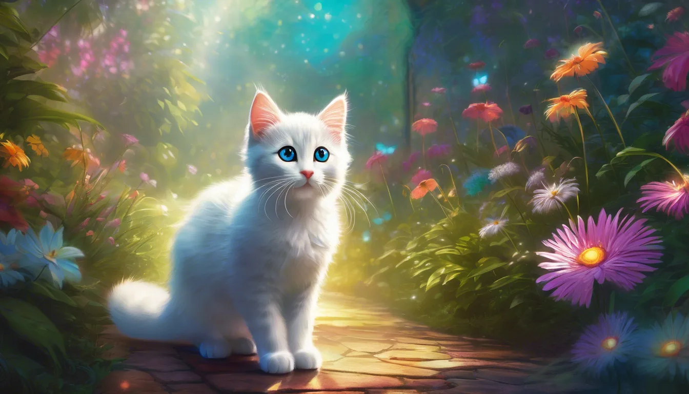 A fluffy white cat with blue eyes sits on a colorful flower-lined path in a sunlit, enchanting forest.