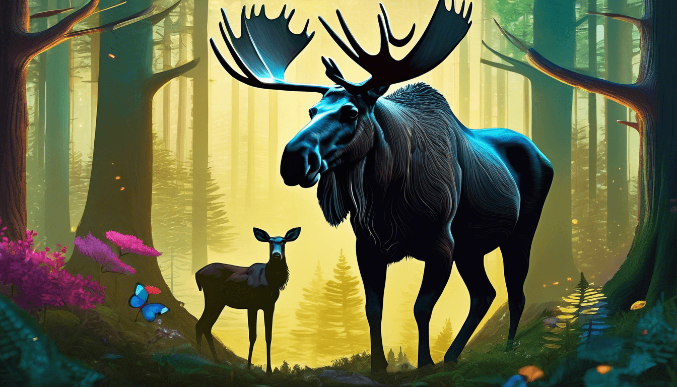 A majestic moose and a young deer stand amidst colorful flowers and butterflies in a vibrant forest illuminated by golden light.