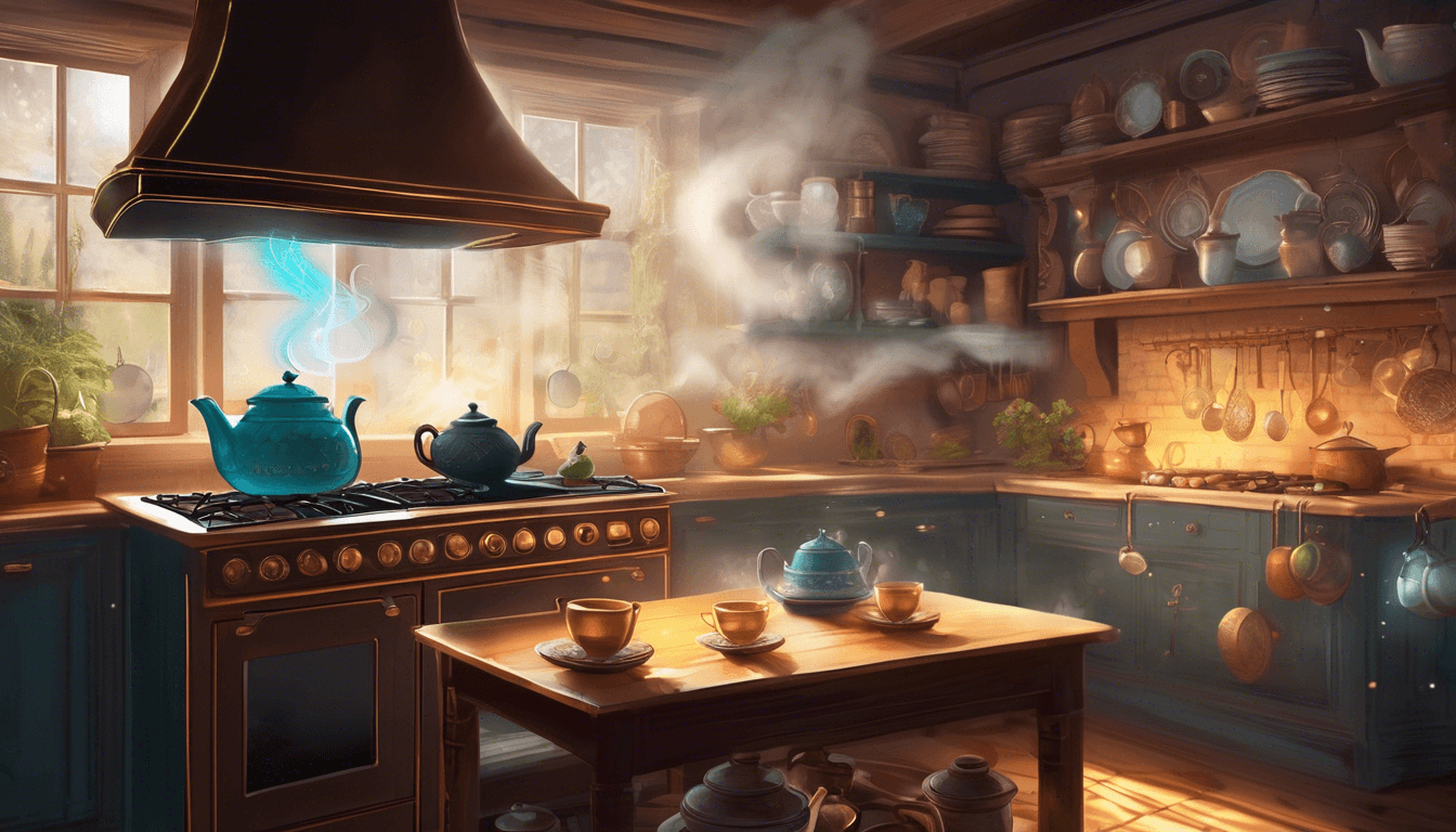 Cozy kitchen scene with a blue kettle steaming on a stove, surrounded by wooden shelves filled with dishes and plants, and a warm light illuminating the space.