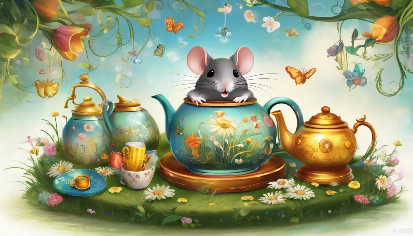 A whimsical scene featuring a cute mouse peeking out from a floral teapot, surrounded by colorful teapots, butterflies, and a lush garden backdrop.