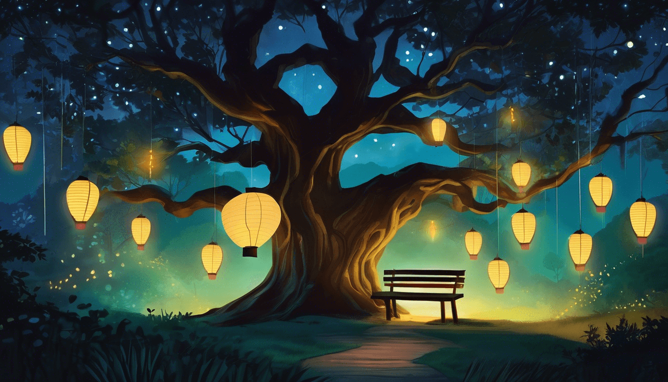 A serene night scene featuring a large tree illuminated by glowing lanterns, with a wooden bench positioned underneath, surrounded by a tranquil atmosphere filled with stars.