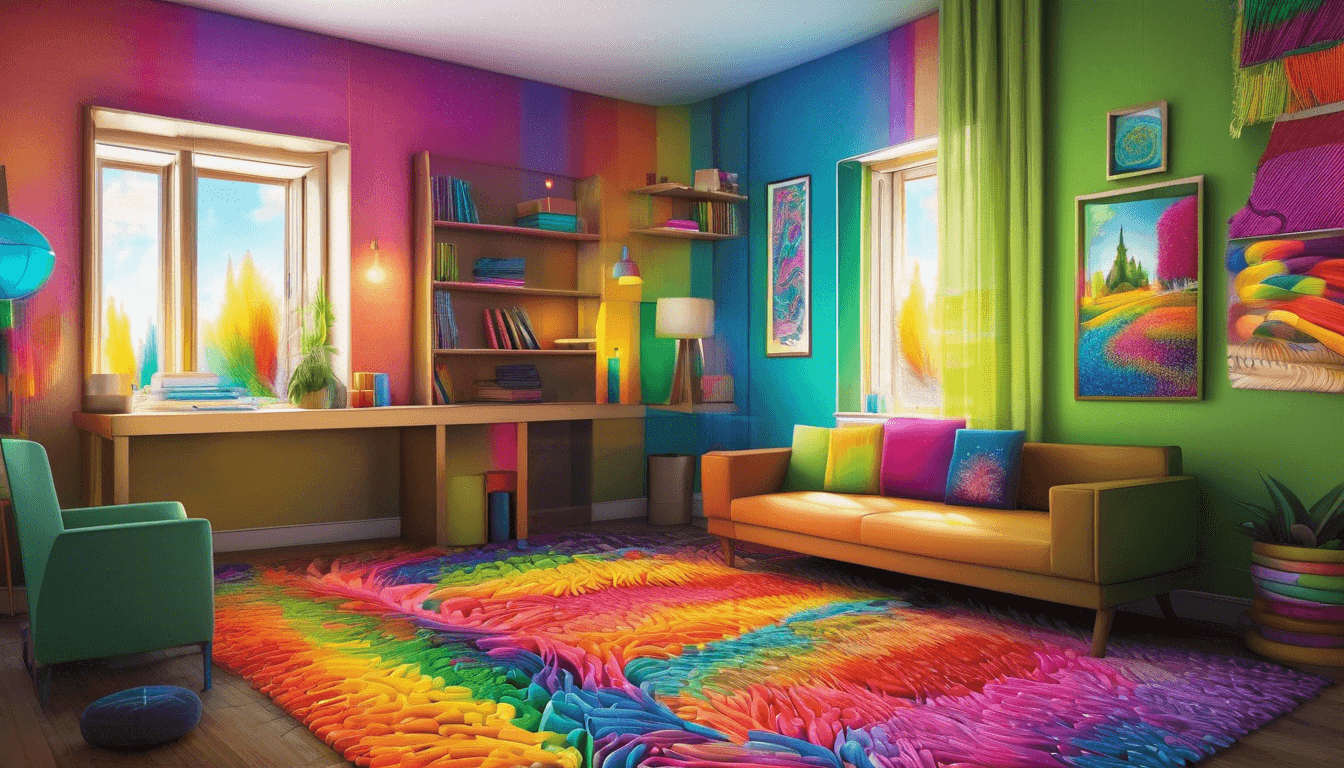 A vibrant, colorful room featuring a rainbow-hued rug, green and purple walls, a yellow sofa, and shelves adorned with books and artwork, illuminated by natural light from large windows.